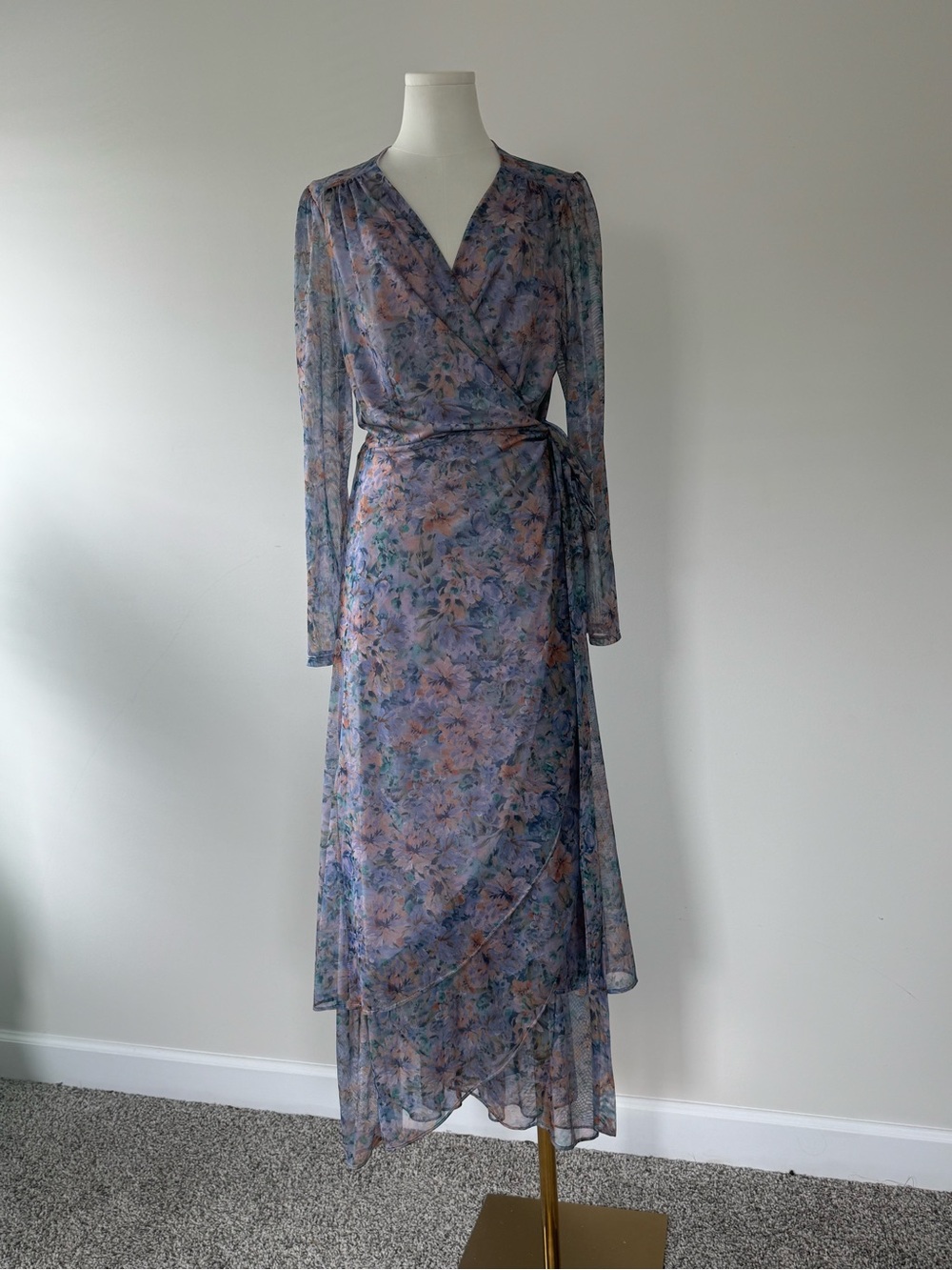 Laundry by Shelli Segal Floral Wrap Midi Maxi Dress Size 12 Long Sleeve Lined - Picture 2 of 7